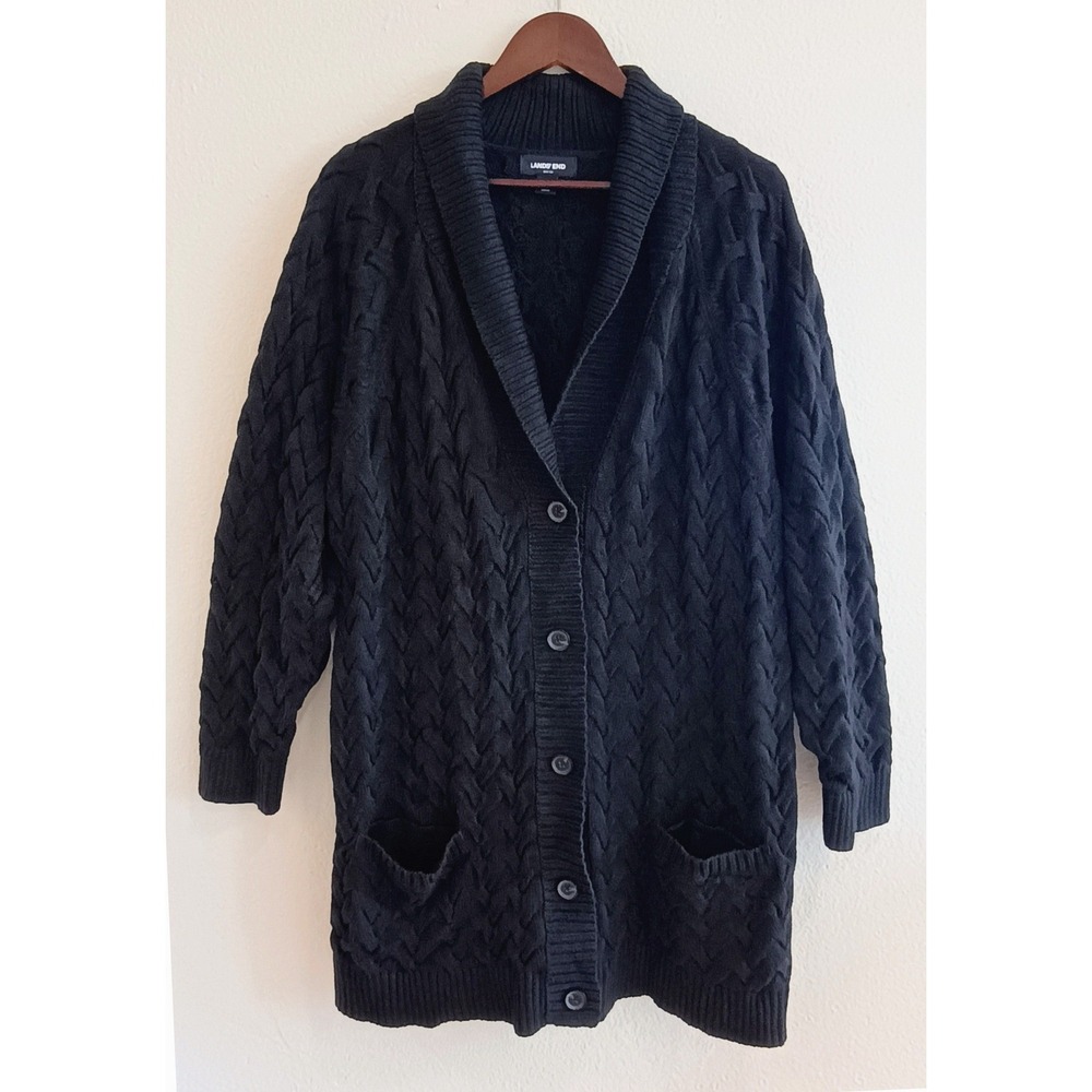 Lands End Black Cable Knit Cotton Shawl Collar Cardigan Sweater Womens 3X Chunky